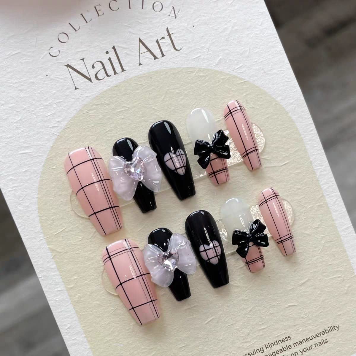 Pink Black Long press on nails